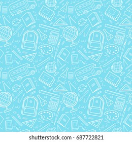Vector seamless simple pattern with school items (backpack, pencil, notebook, ruler, globe, bus). Back to school blue background for printing on fabric, paper for scrapbooking, gift wrap, wallpapers.