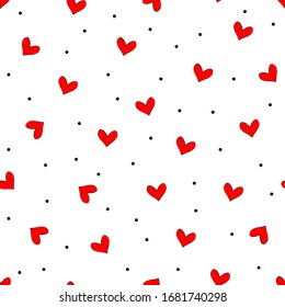 Vector seamless simple repeating texture with chaotic red hearts. Stylish cute texture