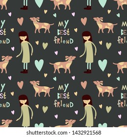 Vector seamless skandinavian pattern with girl and dog on grey background, background or kids, cute wallpaper, textile