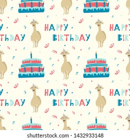 Vector seamless skandinavian pattern with lama and happy birthday, background or kids, cute wallpaper, textile