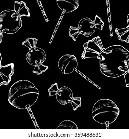 Vector  seamless with sketch candys and Lollipops on black