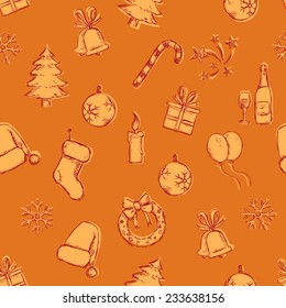 Vector Seamless Sketch New Year and Christmas Pattern on Orange Background