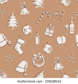 Vector Seamless Sketch New Year and Christmas Pattern on Brown Background
