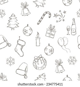 Vector Seamless Sketch New Year and Christmas Pattern on White Background