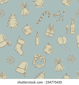 Vector Seamless Sketch New Year and Christmas Pattern on Blue Background