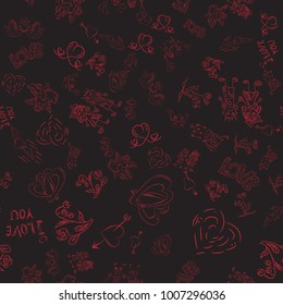 vector seamless sketch pattern festive symbols design elements Valentines day white background red line