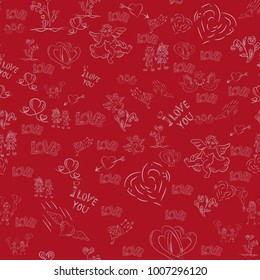 vector seamless sketch pattern festive symbols design elements Valentines day red background