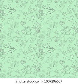 vector seamless sketch pattern festive symbols design elements Valentines day green background
