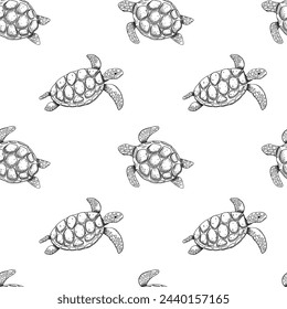 Vector seamless sketch pattern with swimming outline turtle isolated on white background. Ocean or sea animal repeat backdrop