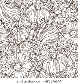 Vector seamless sketch pumpkin pattern. Set of various hand-drawn pumpkins and leaves. Thanksgiving day. Harvest time. Boundless background for your autumn design.