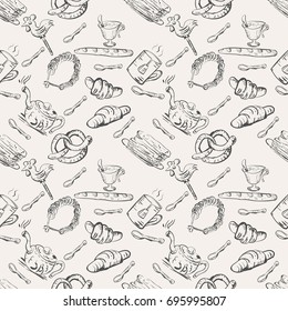 Vector seamless sketch of tea set and pastry and sweets
