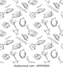 Vector seamless sketch of tea set and pastry and sweets