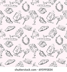 Vector seamless sketch of tea set and pastry and sweets
