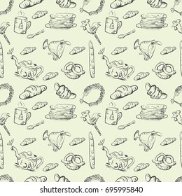Vector seamless sketch of tea set and pastry and sweets