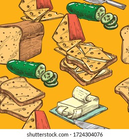 Vector seamless sketch toast with cheese and cucumber
