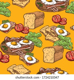 Vector seamless sketch toast with egg and bacon