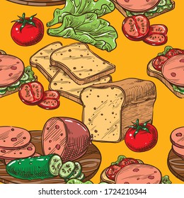 Vector seamless sketch toast with sausage salad and tomato