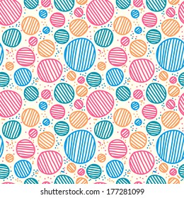 Vector seamless sketchy circles. Seamless round bubbles kids pattern in vector. fantasy, sphere, retro, texture, trendy, transparent, joy, stylish, style, bubble, happy, textile