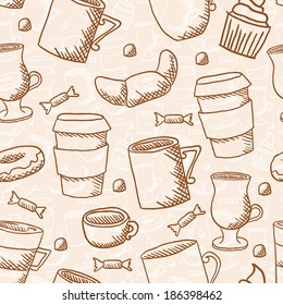 Vector seamless sketchy doodle style coffee cups and mugs background