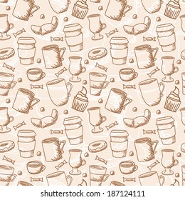 Vector seamless sketchy doodle style coffee cups and mugs background