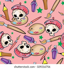 Vector seamless with skull, brush, palette and pencil