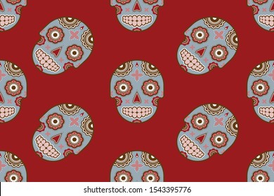 Vector seamless Skull day of the dead maxico halloween  pattern blue background.