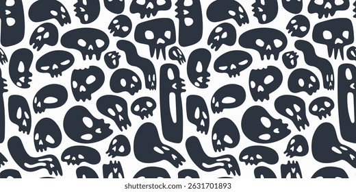 Vector seamless skull pattern with navy blue skulls on white background. Hand-drawn spooky style, great for Halloween decor and fabric design
