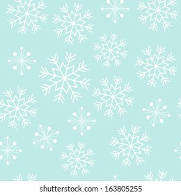 Vector seamless snowflake pattern on a light blue background.