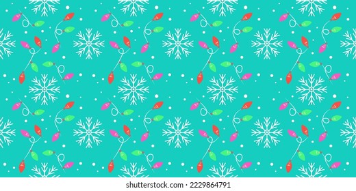 Vector seamless snowflake pattern snow repeated background trendy color new year xmas pattern with snow and fairy lights 