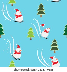 Vector seamless  of a snowman ski  in the pine forest ,and a blue background.