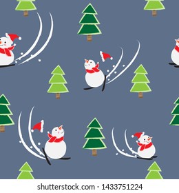 Vector seamless  of a snowman ski  in the pine forest ,and a gray background.
