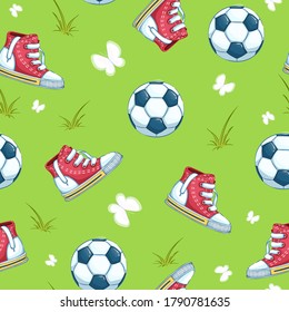 Vector seamless soccer pattern. Children's sneakers and a soccer ball on a background of green grass and butterflies.