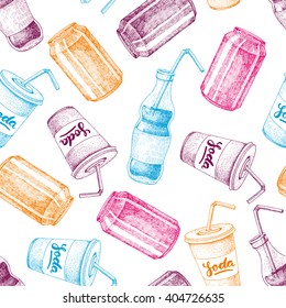 Vector seamless soda drawing pattern. Hand drawn soda illustrations. Vintage drink sketch. Great for restaurant or cafe drink menu.
