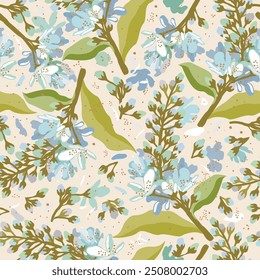 Vector seamless soft floral pattern with bird cherry on light beige background.