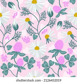 Vector seamless soft summer pattern with clover and camomile on light pink background.
