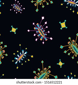 Vector seamless space
germs pattern. Night composition with magic creatures.
