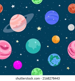 Vector seamless space pattern. Colorful planets in Solar System and stars isolated on blue background. 
