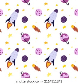 Vector seamless space pattern in a flat style with white background. Planets, rocket, constellations, stars, comets in trendy colors. Suitable for designing textiles, packaging, products for children