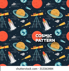 Vector seamless space pattern in flat style. Background with planets of solar system, rockets and Telescope. Planet Mars, Saturn, Earth. Cosmic icon design. Childish background.