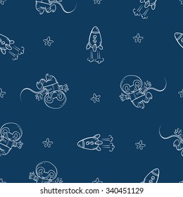 Vector seamless space pattern with little cartoon mice astronauts, rockets and stars on  blue background.