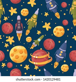 vector seamless space pattern with planets and stars for children