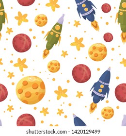 vector seamless space pattern with planets and stars for children