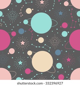 Vector seamless space pattern. Planets, stars and constellation