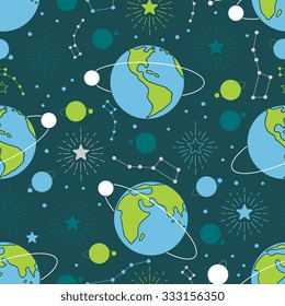Vector seamless space pattern. Planets, stars and constellation