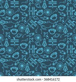 Vector seamless space pattern with spaceships, planets and astronauts helmets