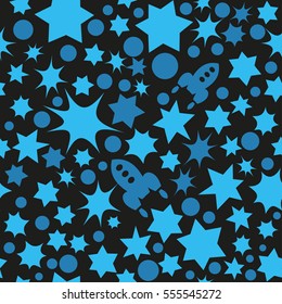 Vector seamless space pattern with star, dots and rockets. Retro print background. Chaotic elements Abstract texture. Design template wallpaper, wrapping, fabric, textile