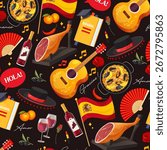 Vector seamless Spanish pattern by includes traditional symbols such as national flag, guitar, bottle of red wine sangria, sombrero, roses, jamon etc. isolated on dark red background.	