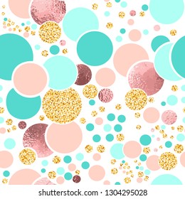 Vector seamless sparkle pattern with turquoise, pink foil and gold glitter circles. Dotted texture background