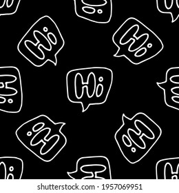 Vector seamless speech bubble pattern rectangular shape with hand drawn word hello in different directions white outline on black background, square shape, background for teen design template
