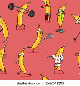 Vector Seamless Sport Pattern of Banana Characters on Red Background